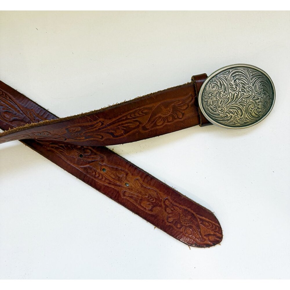 Brown Embossed Leather Belt with Engraved Metal Buckle
